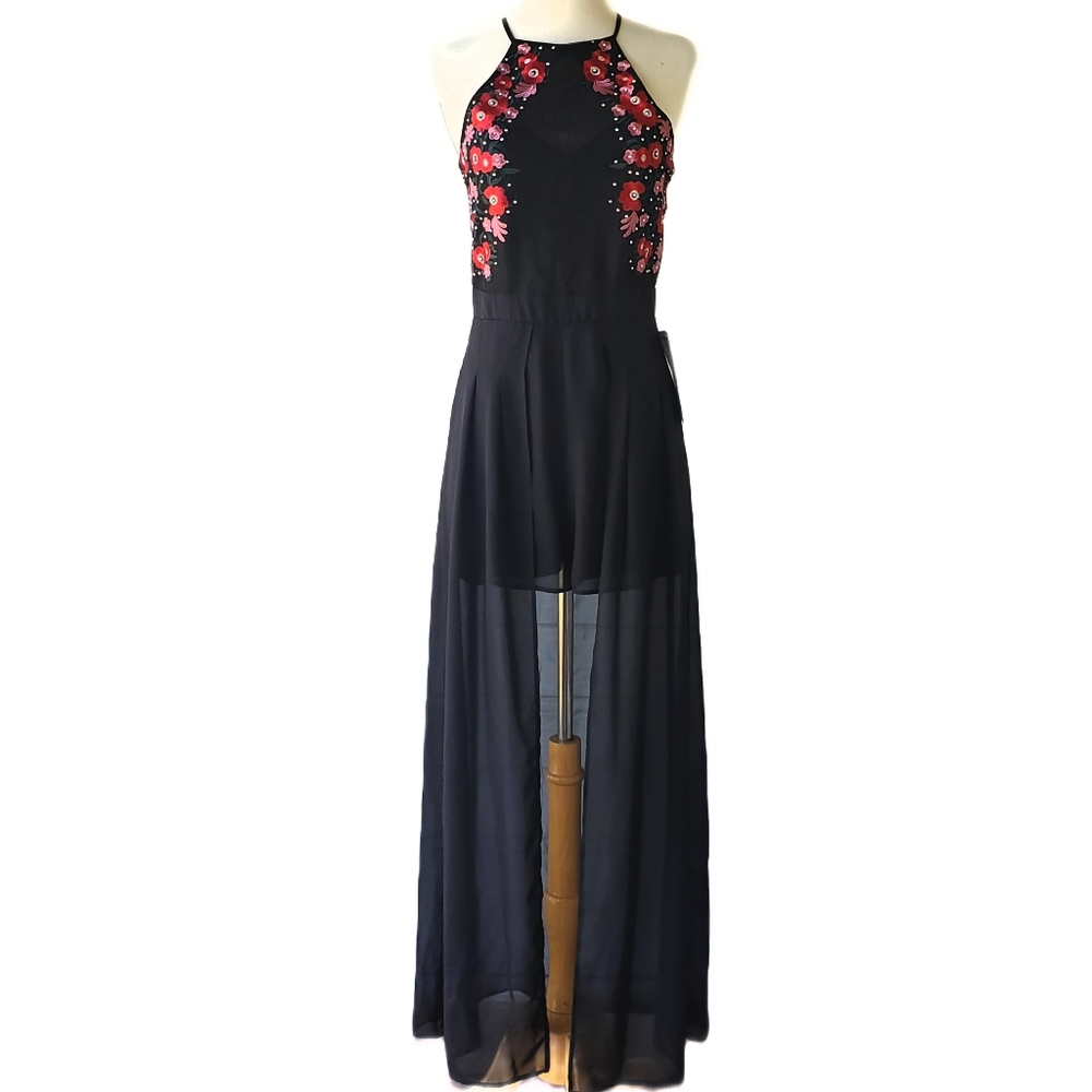 Macy's CRYSTAL DOLL Embroidered Roses Black Romper Maxi Dress Juniors 5 S - Picture 2 of 8